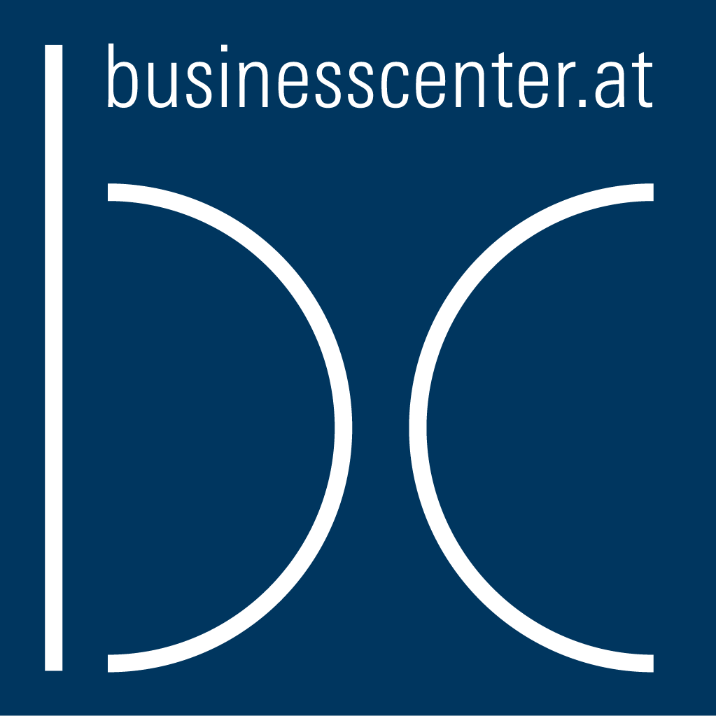 Logo von Businesscenter, zuerst in klein der Schriftzug "businesscenter.at", dann sehr groß die Buchstaben "b c", alles in weiß auf blauem Hintergrund
